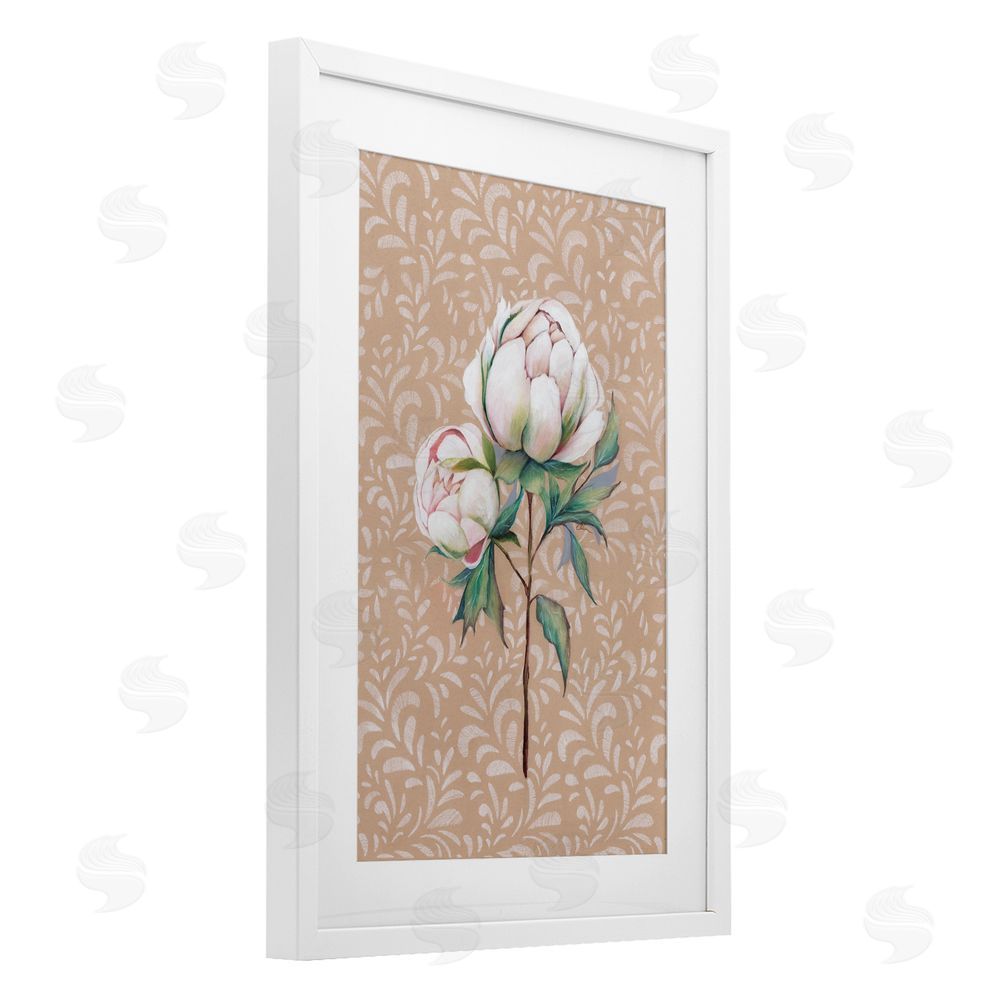 Cady Driver Peony Sprouts over Leaf Pattern White Framed Print Under Glass with Mat Wall Art