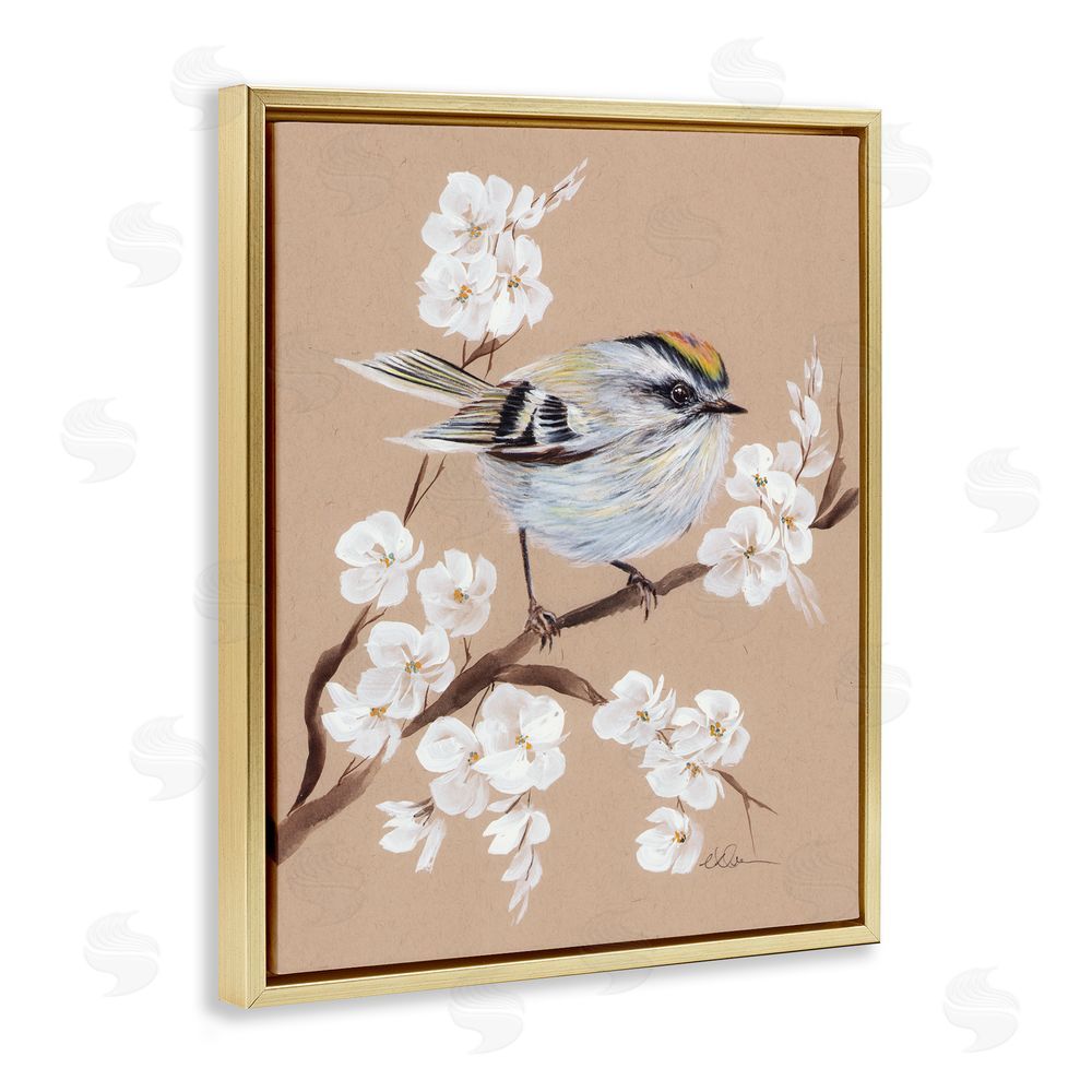 Cady Driver Apple Blossom Branch with Bird Gold Floating Frame Canvas Wall Art Print