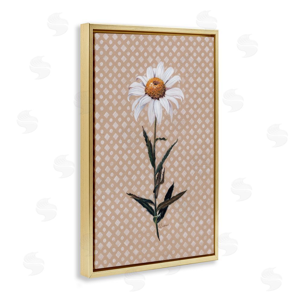 Cady Driver Daisy Sprig over Neutral Geometric Gold Floating Frame Canvas Wall Art Print