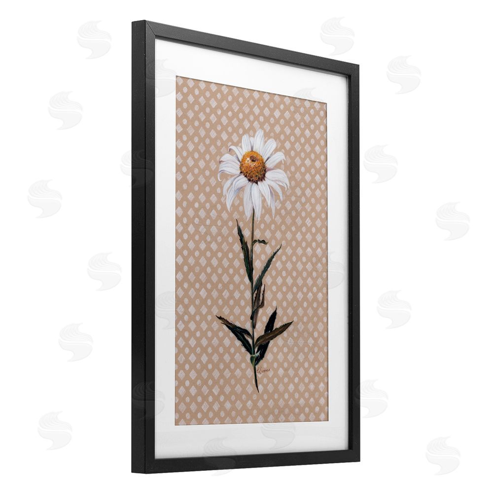 Cady Driver Daisy Sprig over Neutral Geometric Black Framed Print Under Glass with White Mat Wall Art
