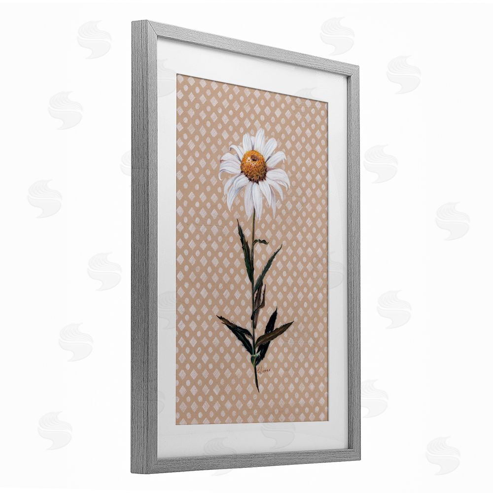 Cady Driver Daisy Sprig over Neutral Geometric Gray Framed Print Under Glass with White Mat Wall Art