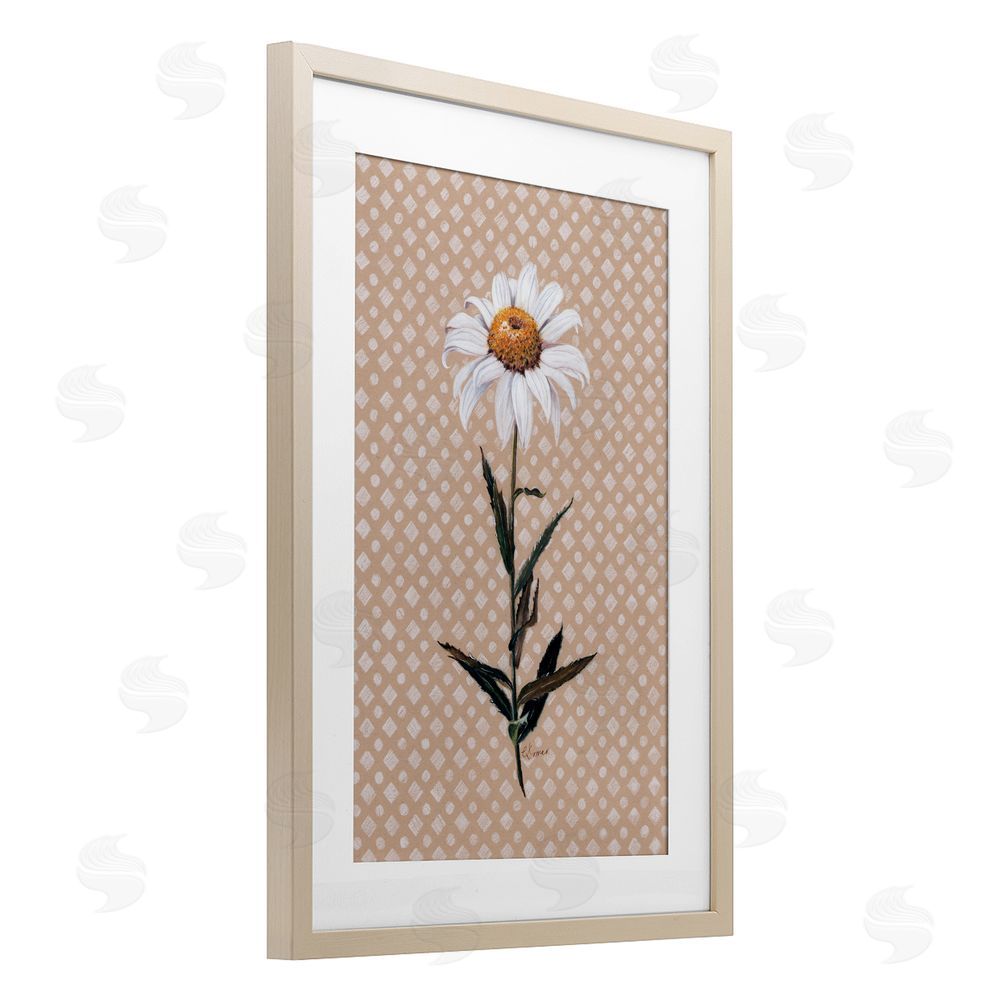 Cady Driver Daisy Sprig over Neutral Geometric Birch Framed Print Under Glass with White Mat Wall Art