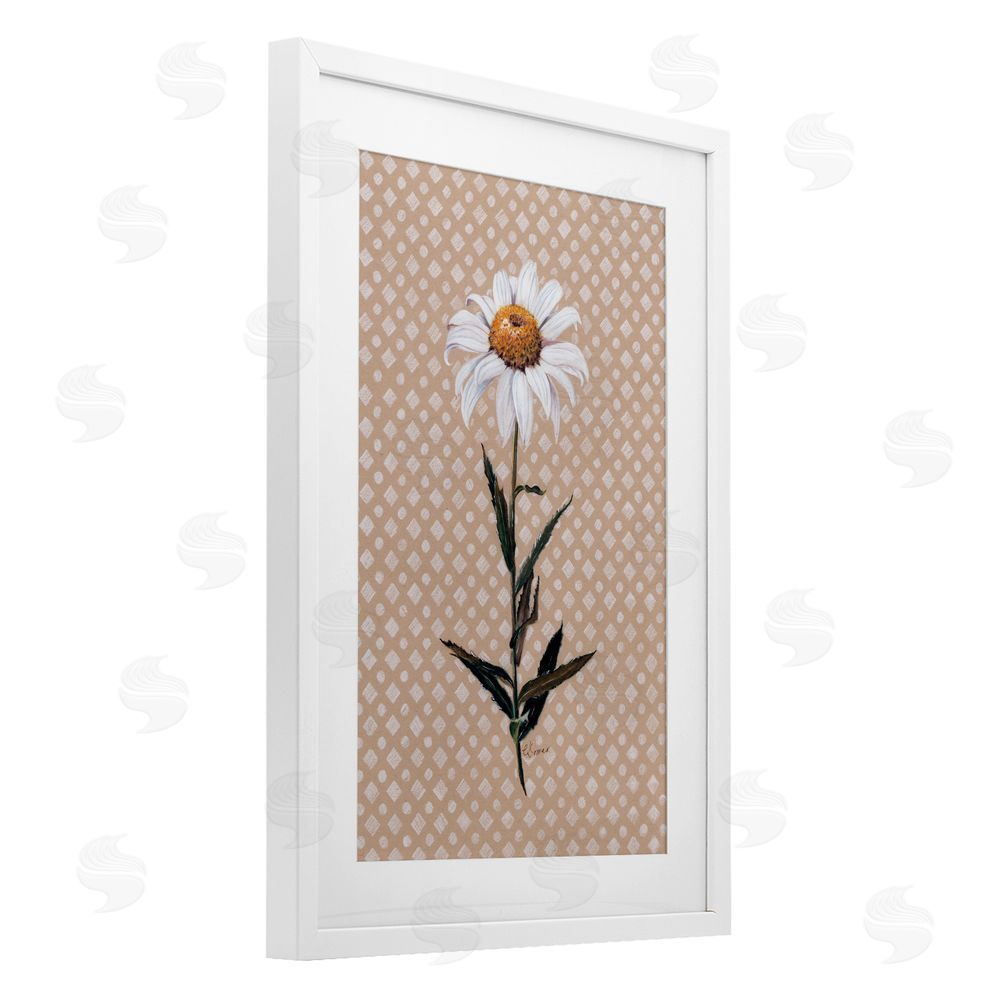 Cady Driver Daisy Sprig over Neutral Geometric White Framed Print Under Glass with Mat Wall Art
