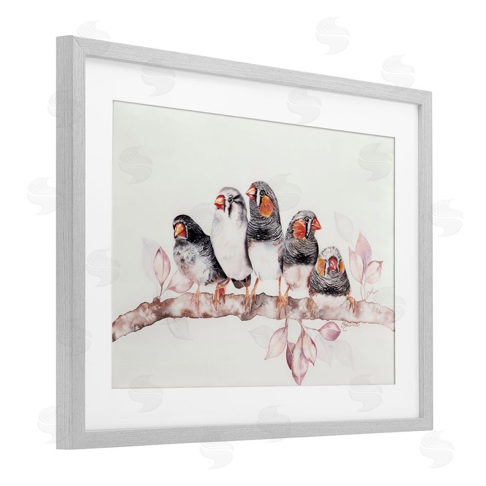 Cady Driver Five Birds on Branch Gray Framed Print Under Glass with White Mat Wall Art