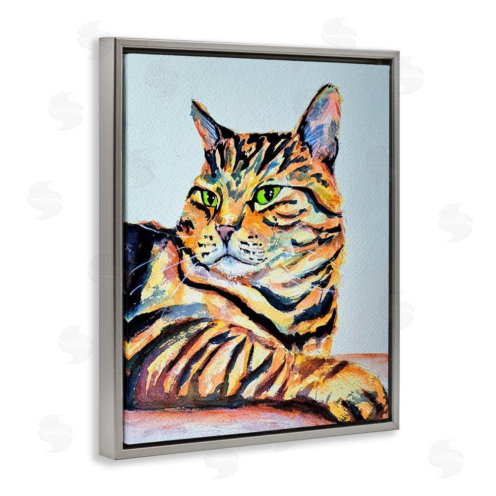 Tatiana Roberts Striped Orange Cat Pose Gray Floating Frame Canvas Wall Art Print