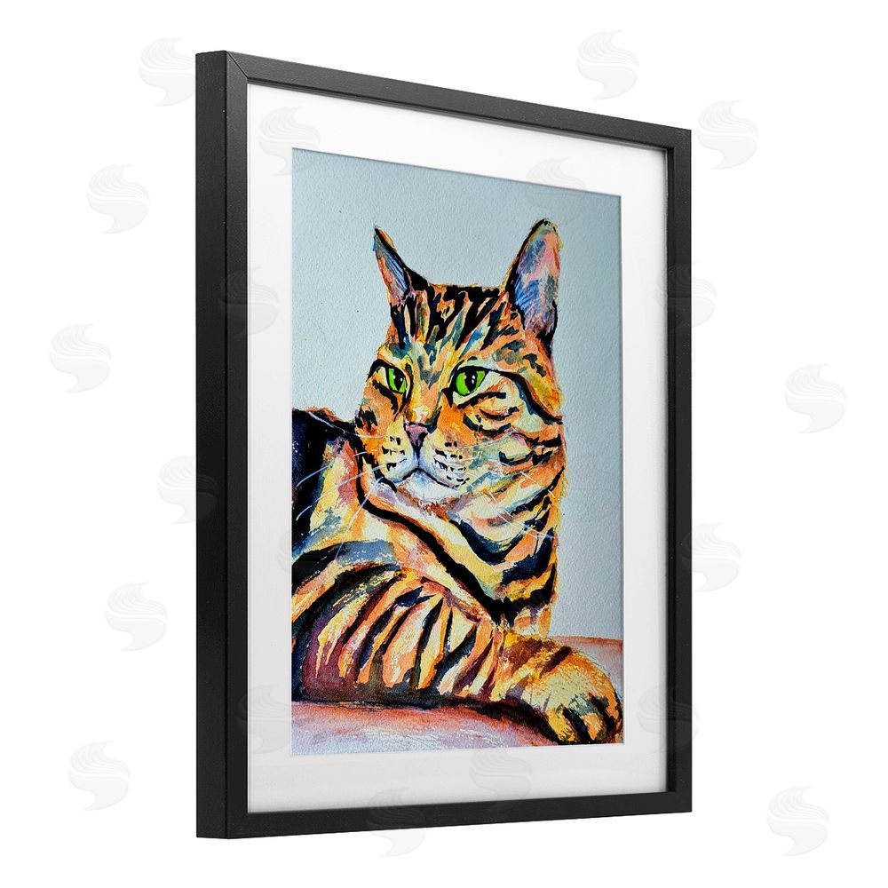 Tatiana Roberts Striped Orange Cat Pose Black Framed Print Under Glass with White Mat Wall Art