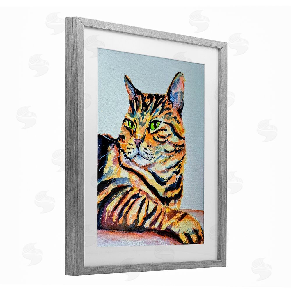 Tatiana Roberts Striped Orange Cat Pose Gray Framed Print Under Glass with White Mat Wall Art