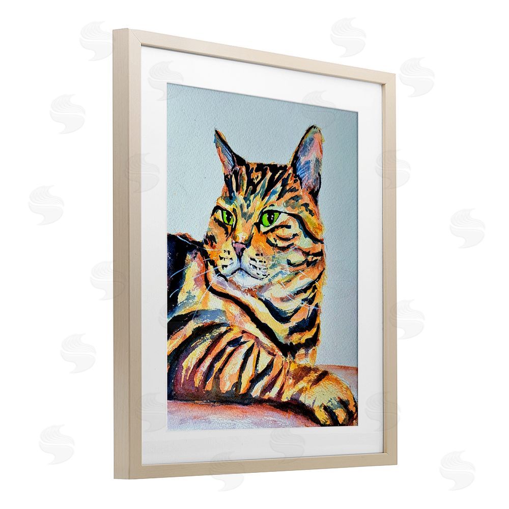Tatiana Roberts Striped Orange Cat Pose Birch Framed Print Under Glass with White Mat Wall Art