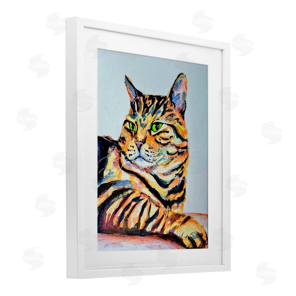 Tatiana Roberts Striped Orange Cat Pose White Framed Print Under Glass with Mat Wall Art