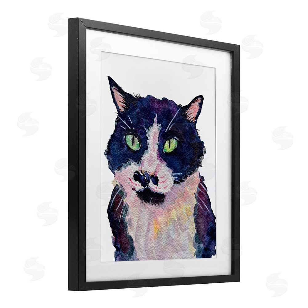 Tatiana Roberts Tuxedo Cat Painting Black Framed Print Under Glass with White Mat Wall Art