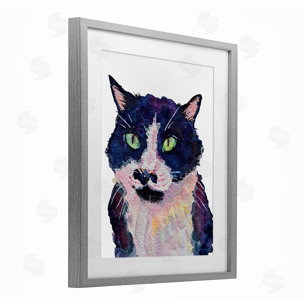 Tatiana Roberts Tuxedo Cat Painting Gray Framed Print Under Glass with White Mat Wall Art