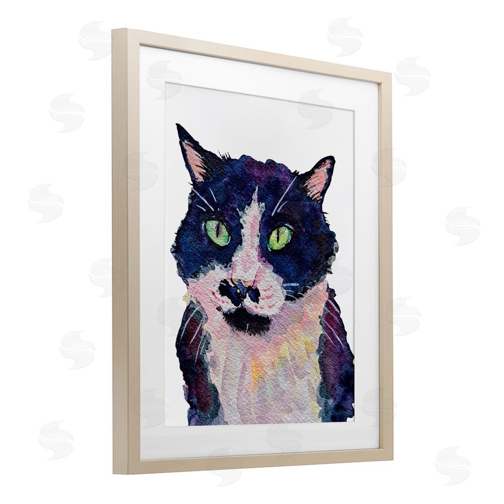 Tatiana Roberts Tuxedo Cat Painting Birch Framed Print Under Glass with White Mat Wall Art