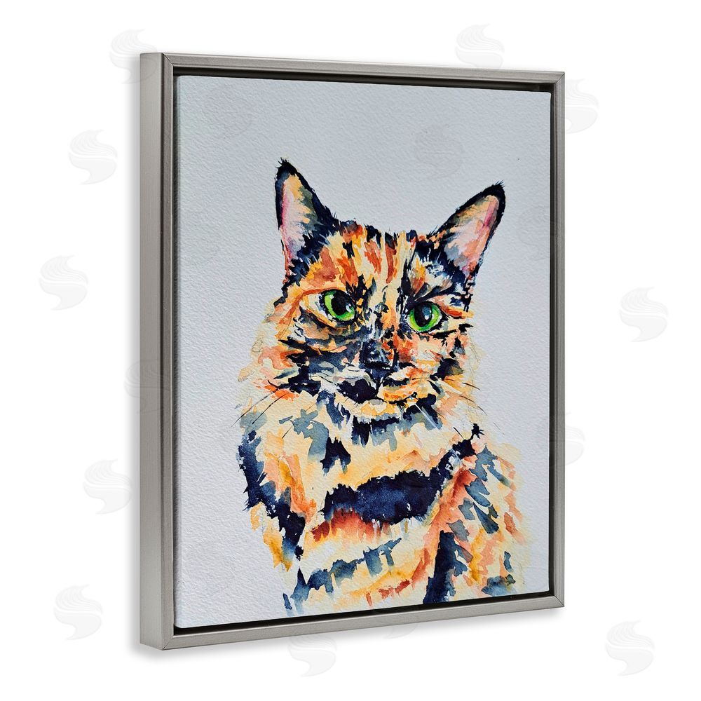 Tatiana Roberts Tortoiseshell Cat Portrait Gray Floating Frame Canvas Wall Art Print