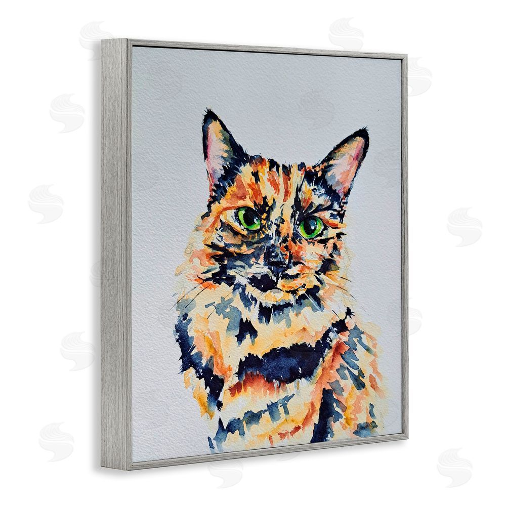 Tatiana Roberts Tortoiseshell Cat Portrait Gray Framed Giclee Wall Art Print