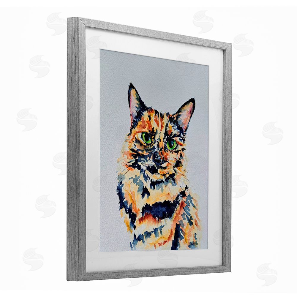 Tatiana Roberts Tortoiseshell Cat Portrait Gray Framed Print Under Glass with White Mat Wall Art