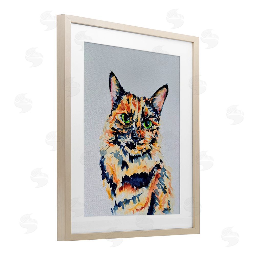 Tatiana Roberts Tortoiseshell Cat Portrait Birch Framed Print Under Glass with White Mat Wall Art
