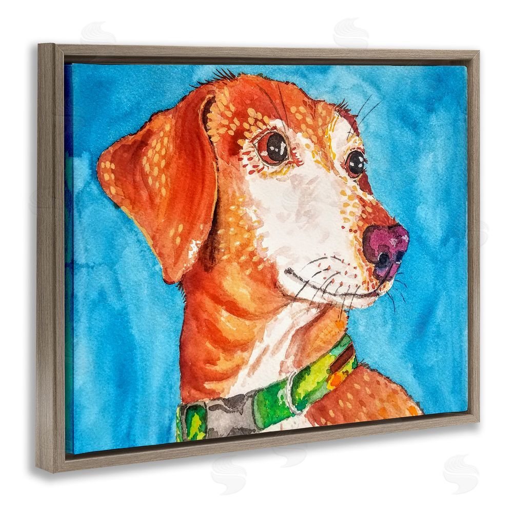 Tatiana Roberts Bold Orange Dog on Blue Brown Floating Frame Canvas Wall Art Print