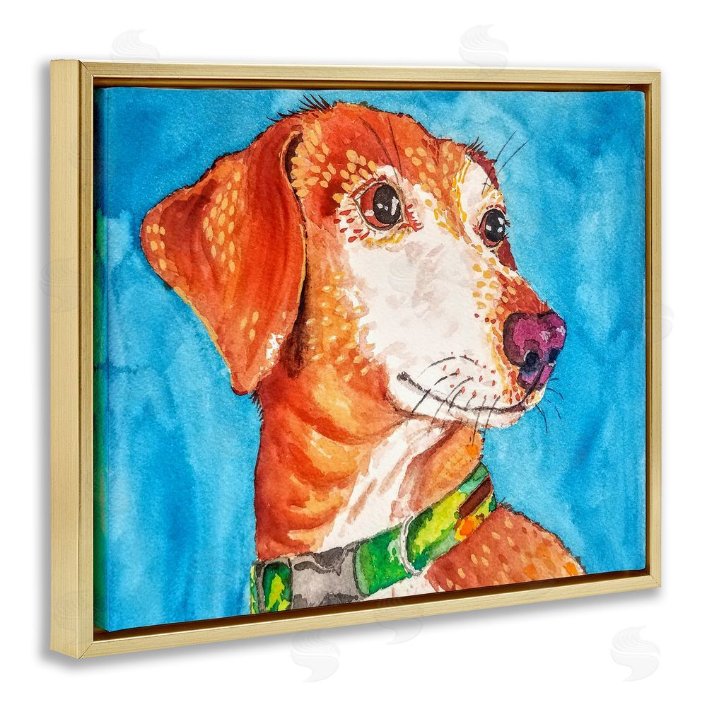 Tatiana Roberts Bold Orange Dog on Blue Gold Floating Frame Canvas Wall Art Print
