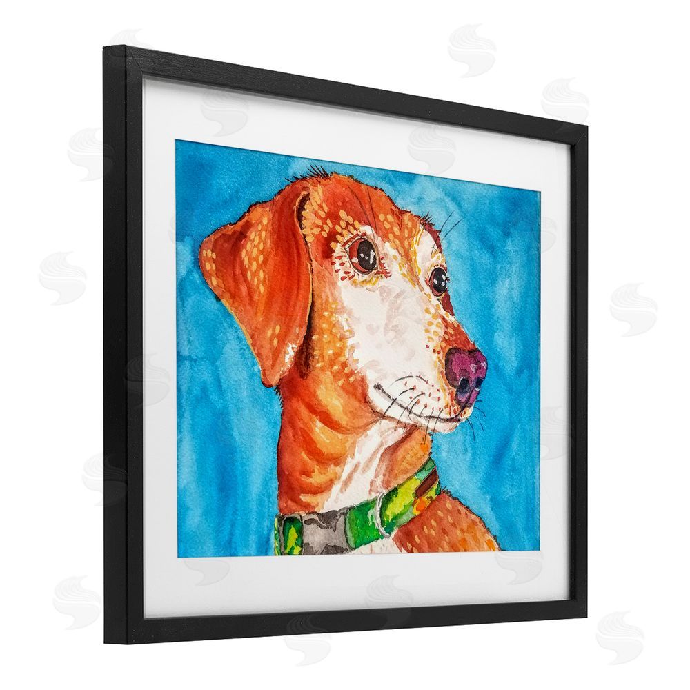Tatiana Roberts Bold Orange Dog on Blue Black Framed Print Under Glass with White Mat Wall Art