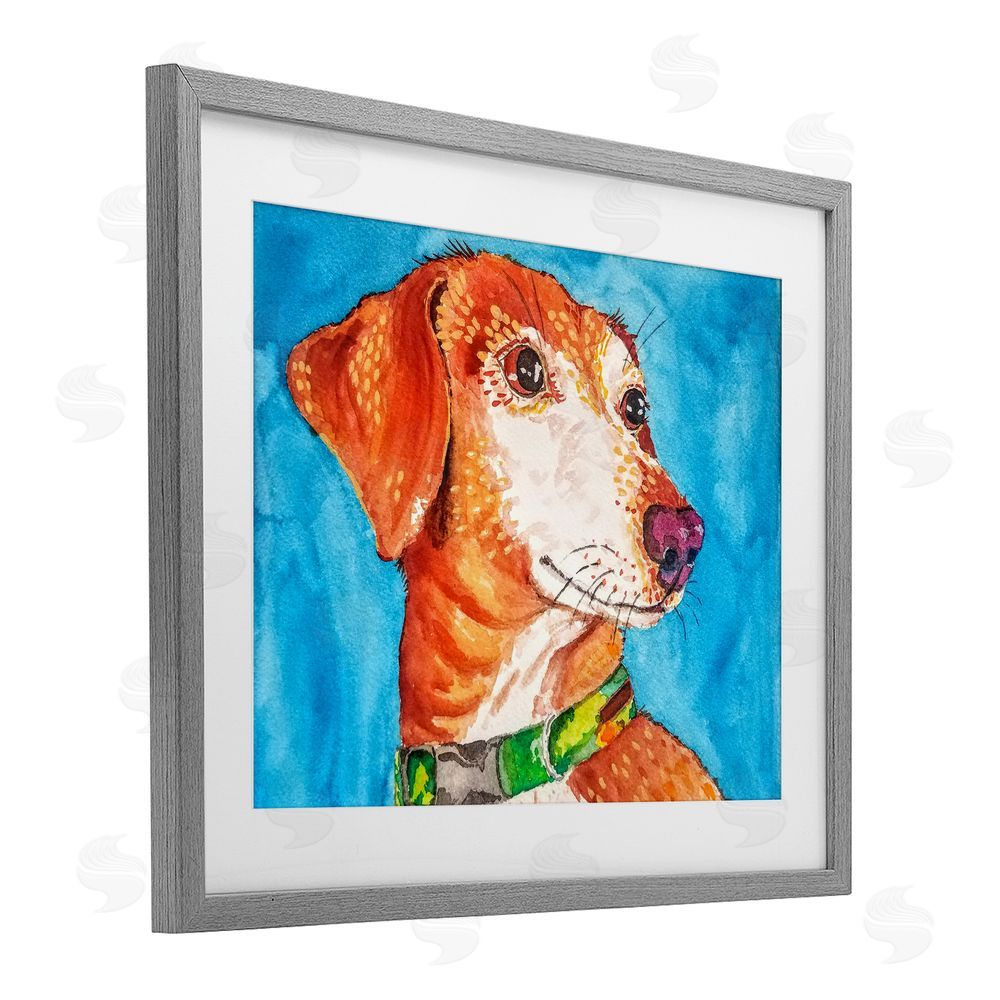Tatiana Roberts Bold Orange Dog on Blue Gray Framed Print Under Glass with White Mat Wall Art