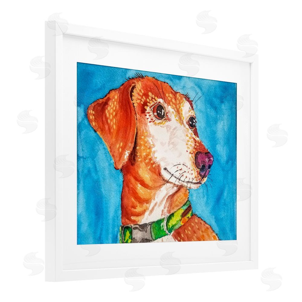 Tatiana Roberts Bold Orange Dog on Blue White Framed Print Under Glass with Mat Wall Art