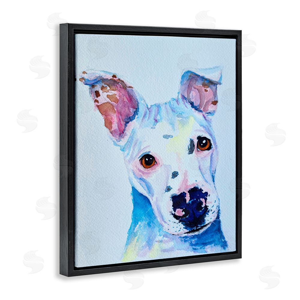 Tatiana Roberts White Pup Watercolor Portrait Black Floating Frame Canvas Wall Art Print