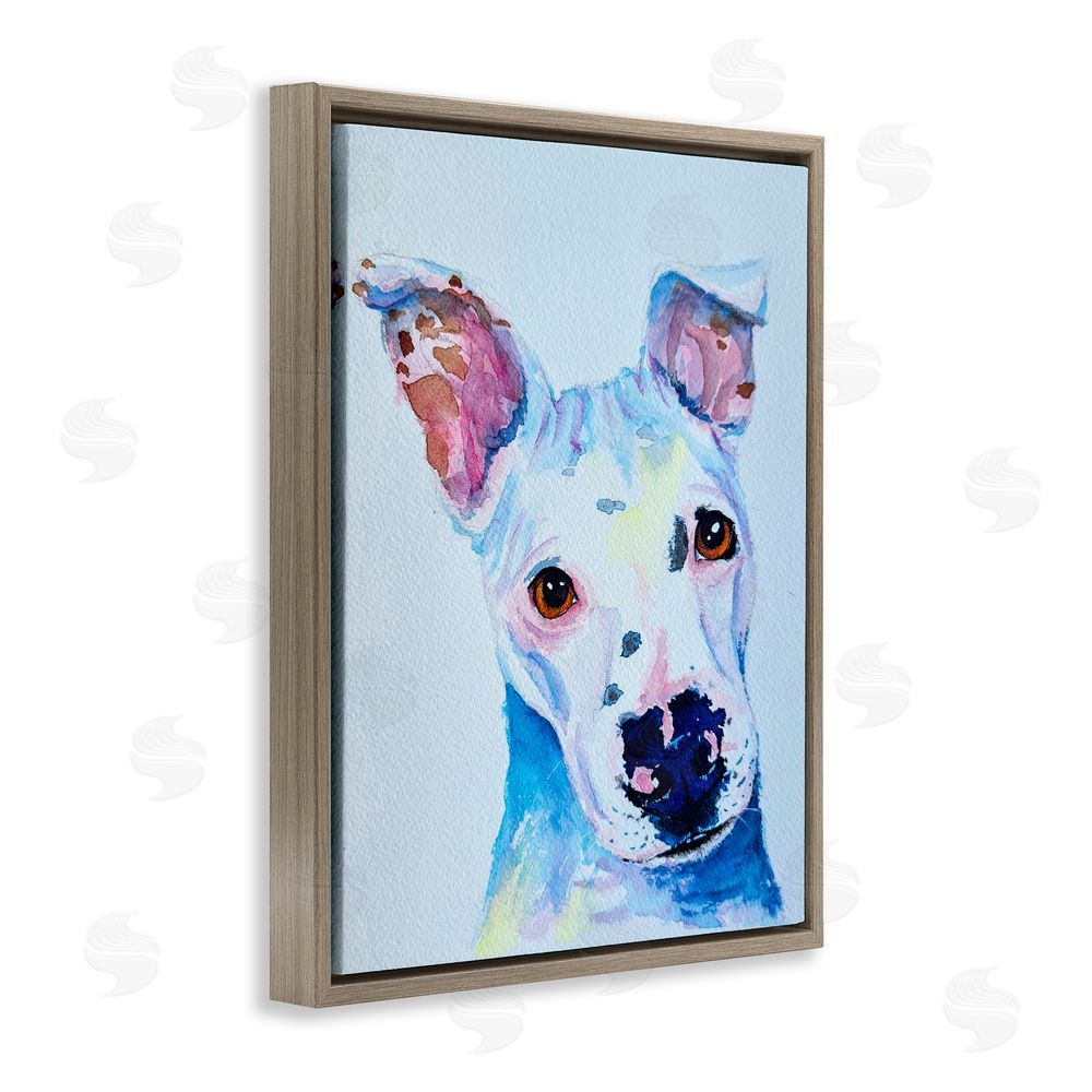 Tatiana Roberts White Pup Watercolor Portrait Brown Floating Frame Canvas Wall Art Print