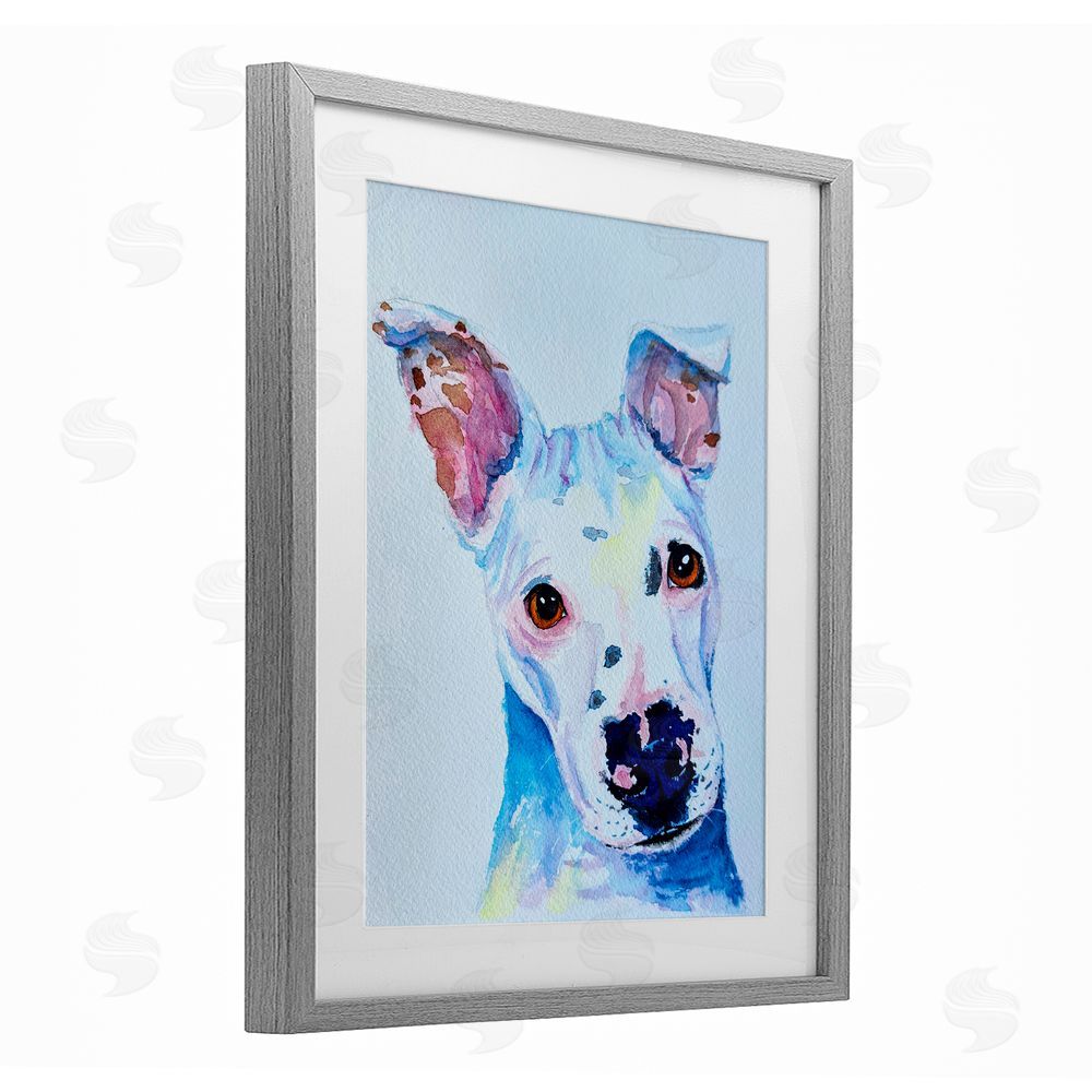 Tatiana Roberts White Pup Watercolor Portrait Gray Framed Print Under Glass with White Mat Wall Art