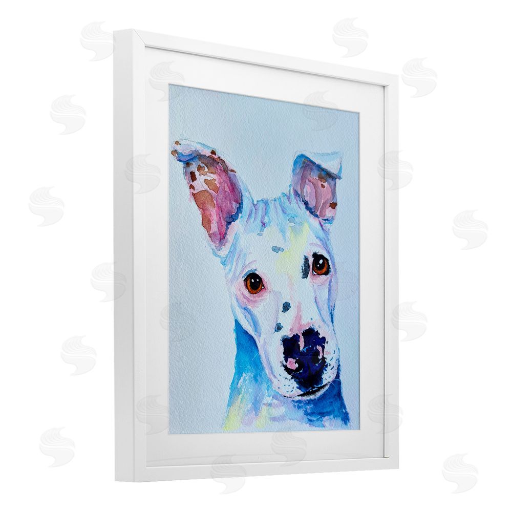 Tatiana Roberts White Pup Watercolor Portrait White Framed Print Under Glass with Mat Wall Art