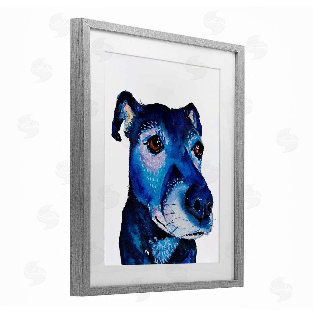 Tatiana Roberts Expressive Blue Dog Gray Framed Print Under Glass with White Mat Wall Art