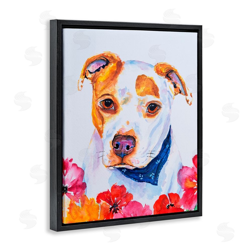 Tatiana Roberts Spotted Puppy with Blossoms Black Floating Frame Canvas Wall Art Print