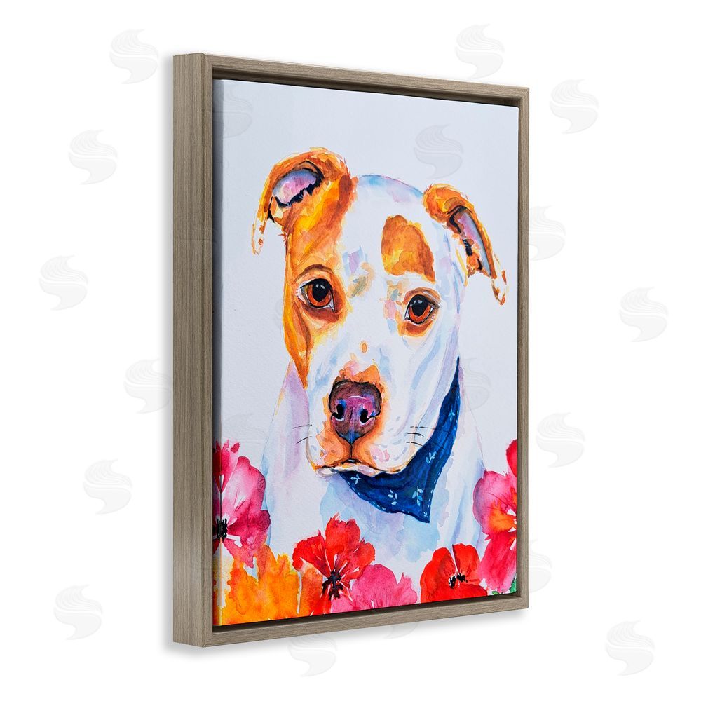 Tatiana Roberts Spotted Puppy with Blossoms Brown Floating Frame Canvas Wall Art Print