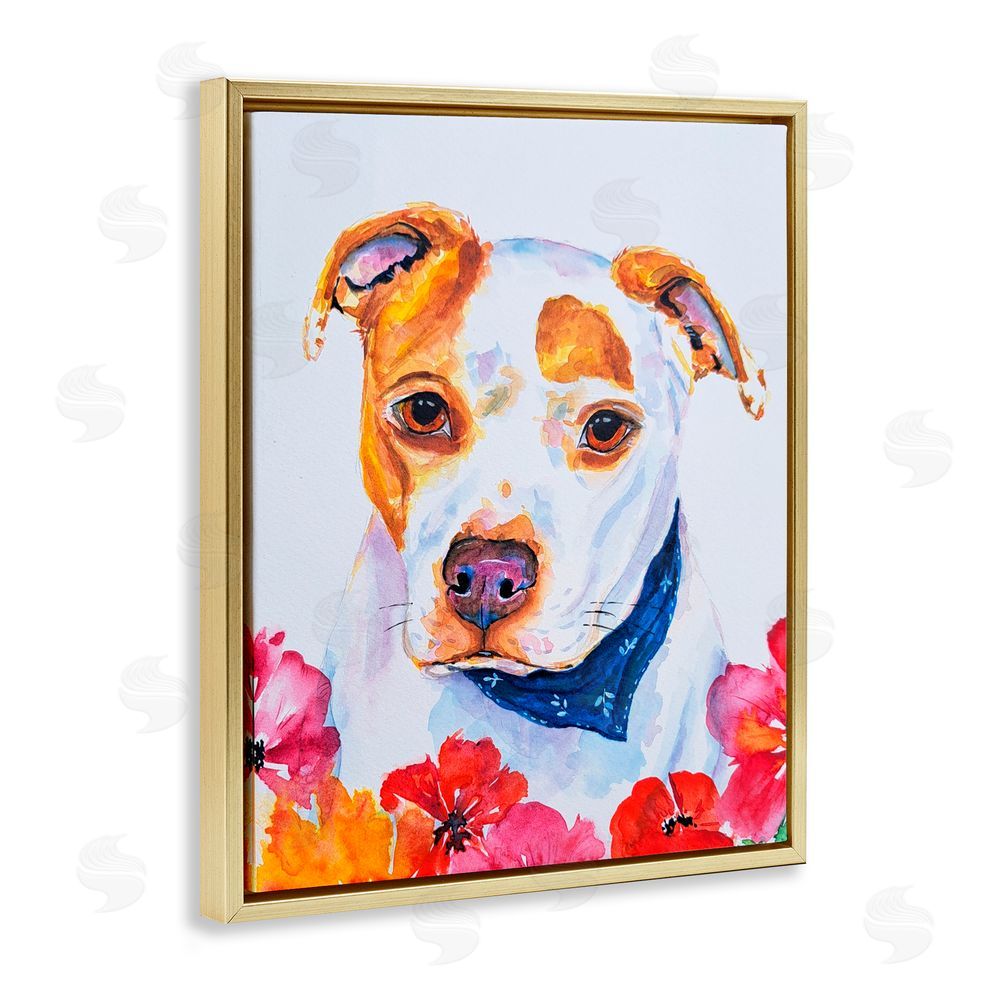 Tatiana Roberts Spotted Puppy with Blossoms Gold Floating Frame Canvas Wall Art Print