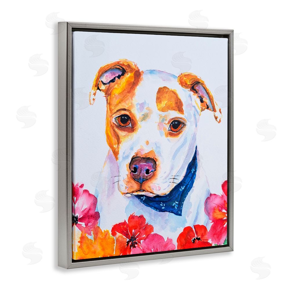 Tatiana Roberts Spotted Puppy with Blossoms Gray Floating Frame Canvas Wall Art Print