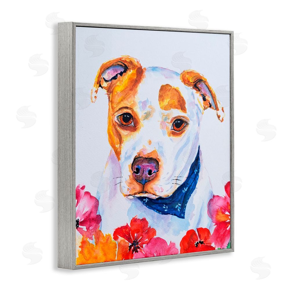 Tatiana Roberts Spotted Puppy with Blossoms Gray Framed Giclee Wall Art Print