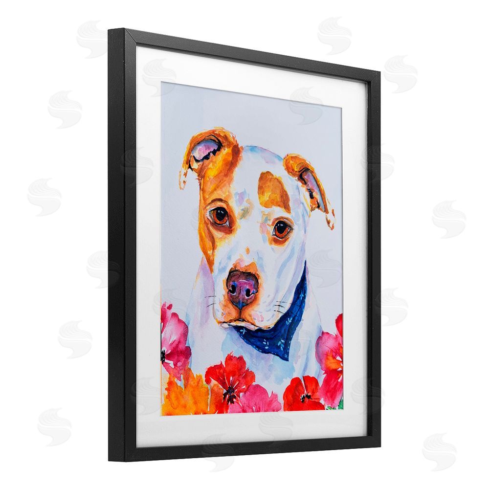 Tatiana Roberts Spotted Puppy with Blossoms Black Framed Print Under Glass with White Mat Wall Art