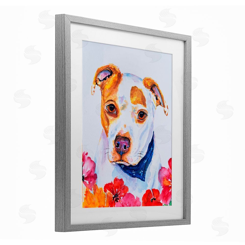 Tatiana Roberts Spotted Puppy with Blossoms Gray Framed Print Under Glass with White Mat Wall Art