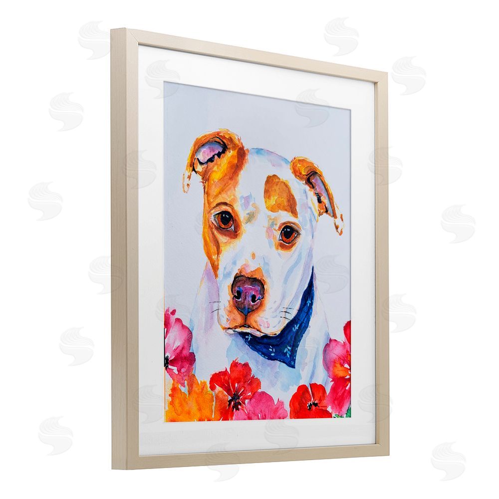 Tatiana Roberts Spotted Puppy with Blossoms Birch Framed Print Under Glass with White Mat Wall Art