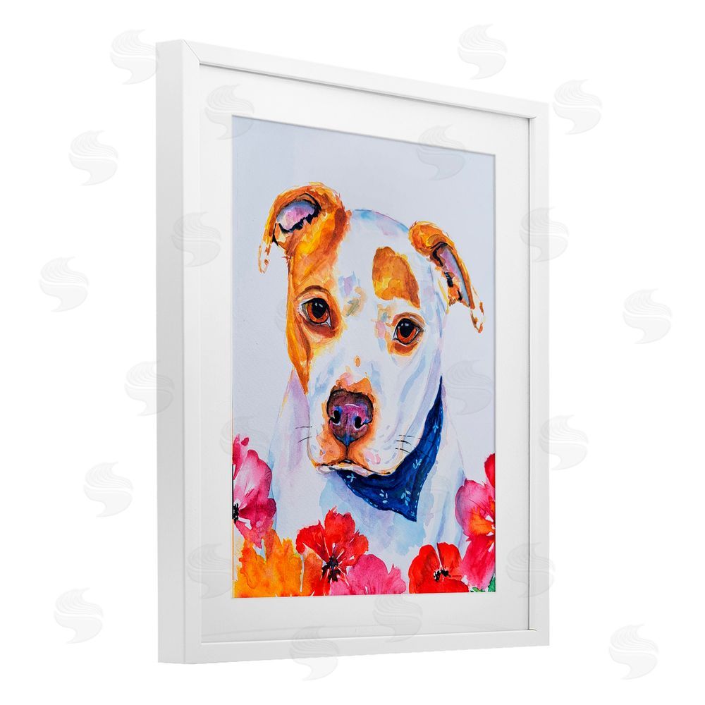 Tatiana Roberts Spotted Puppy with Blossoms White Framed Print Under Glass with Mat Wall Art