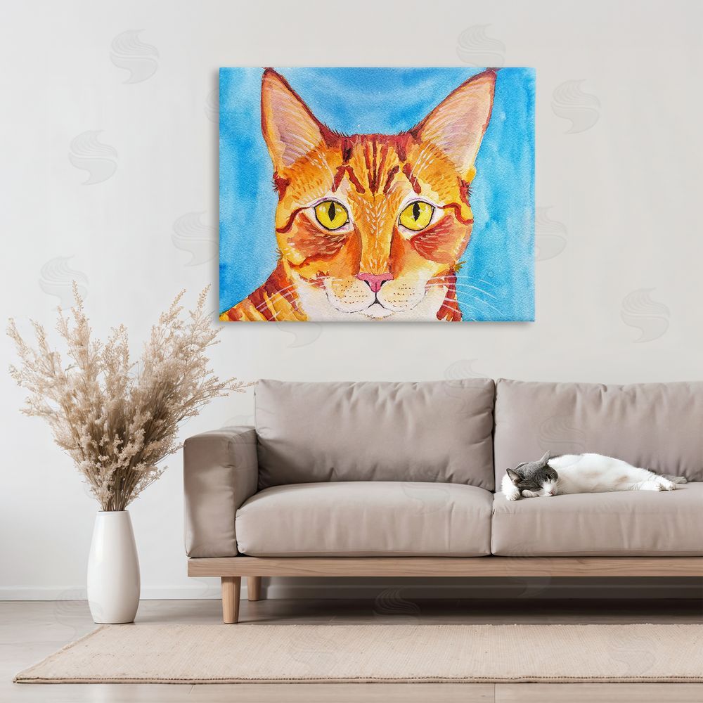 Tatiana Roberts Bold Orange Cat on Blue Canvas Art on Wall