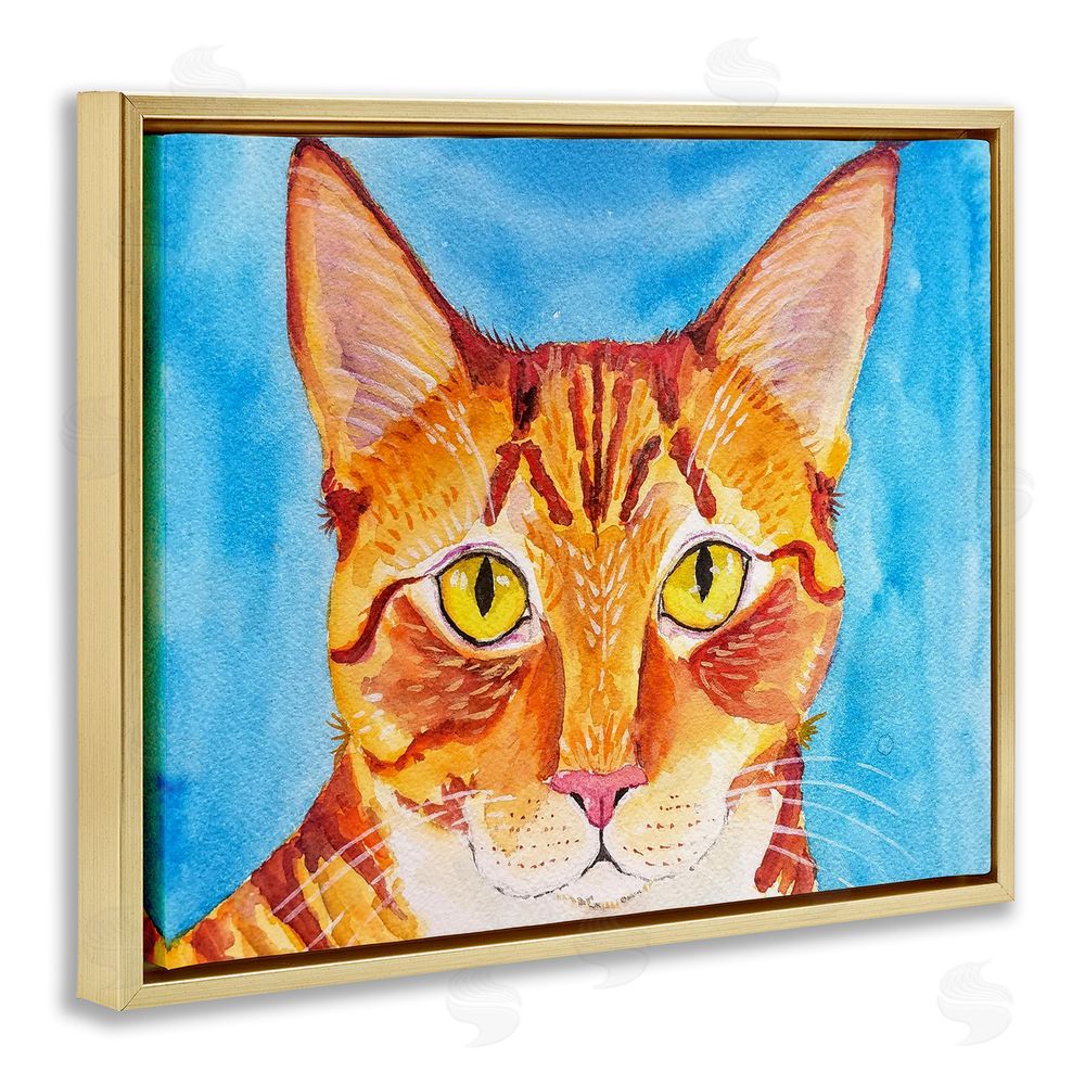 Tatiana Roberts Bold Orange Cat on Blue Gold Floating Frame Canvas Wall Art Print