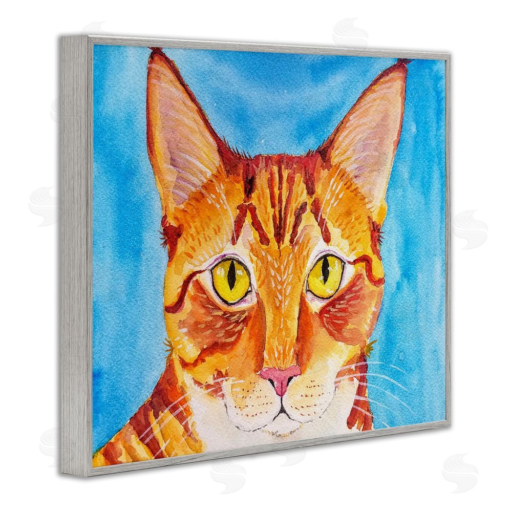 Tatiana Roberts Bold Orange Cat on Blue Gray Framed Giclee Wall Art Print
