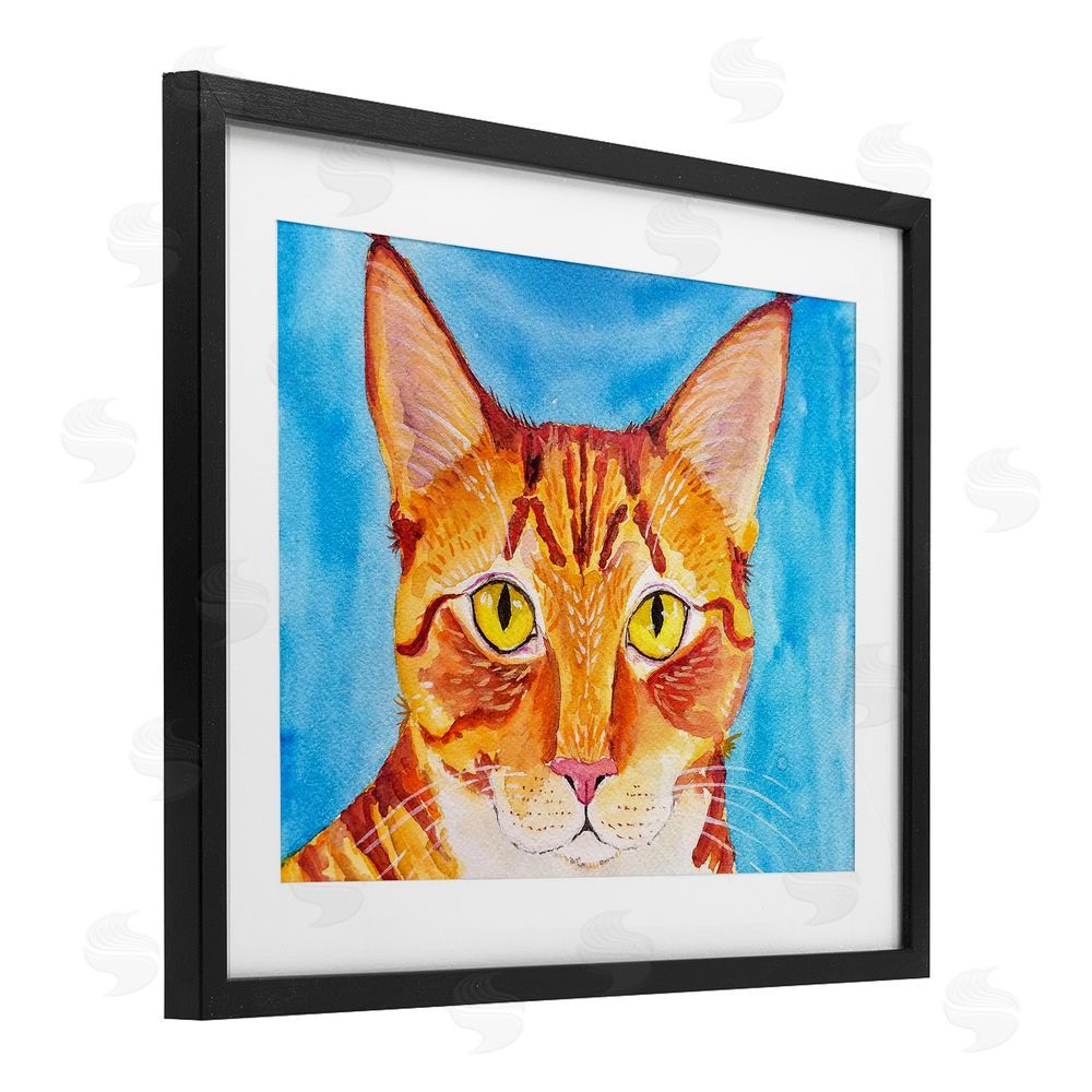 Tatiana Roberts Bold Orange Cat on Blue Black Framed Print Under Glass with White Mat Wall Art