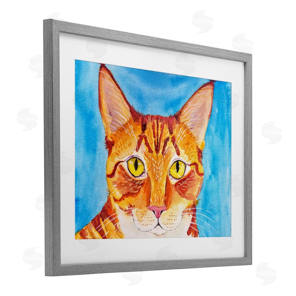 Tatiana Roberts Bold Orange Cat on Blue Gray Framed Print Under Glass with White Mat Wall Art