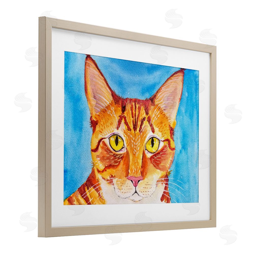 Tatiana Roberts Bold Orange Cat on Blue Birch Framed Print Under Glass with White Mat Wall Art