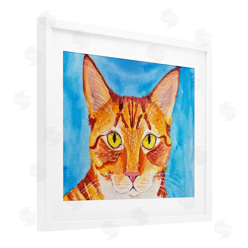 Tatiana Roberts Bold Orange Cat on Blue White Framed Print Under Glass with Mat Wall Art