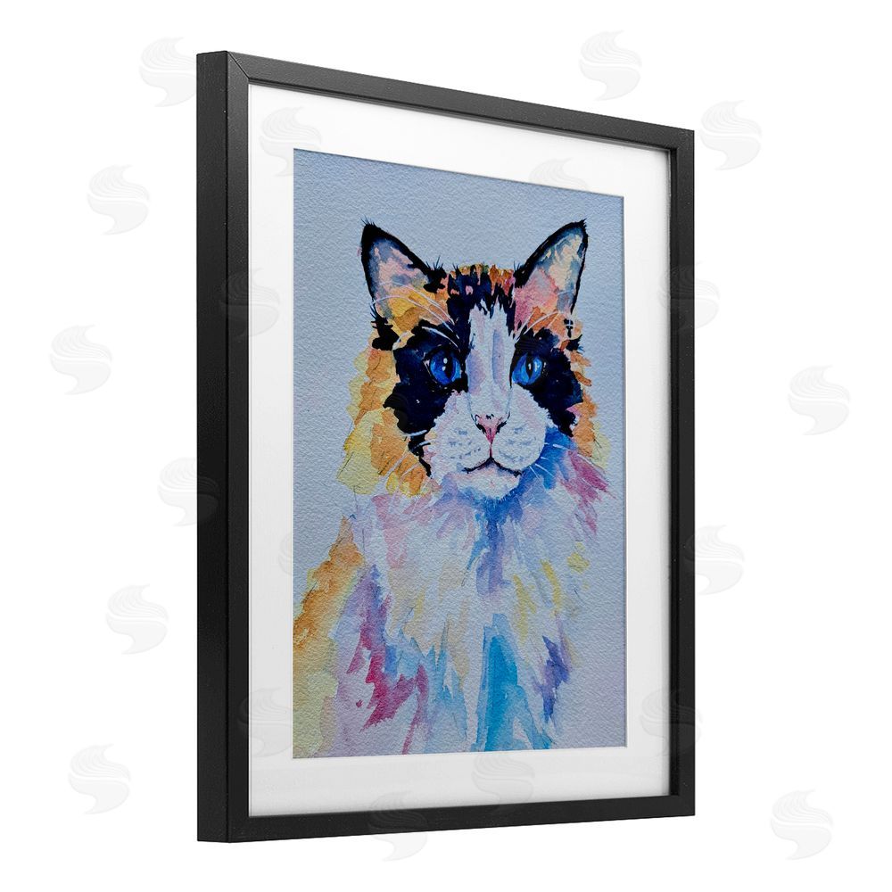 Tatiana Roberts Calico Cat Portrait Black Framed Print Under Glass with White Mat Wall Art