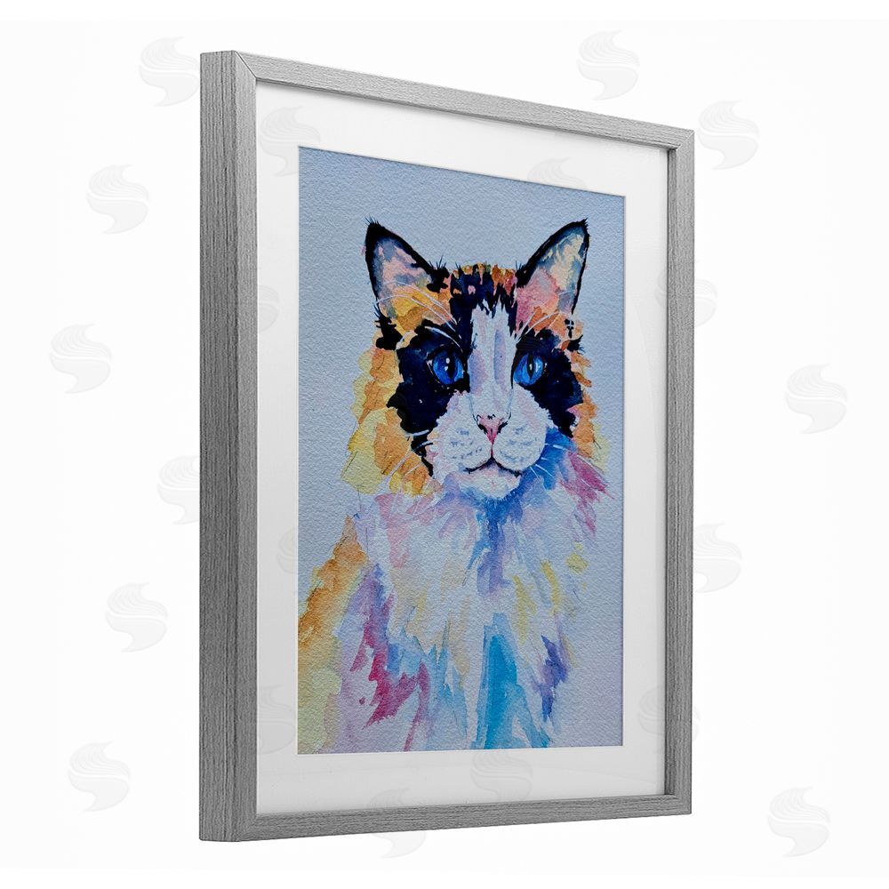 Tatiana Roberts Calico Cat Portrait Gray Framed Print Under Glass with White Mat Wall Art