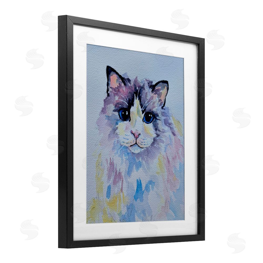 Tatiana Roberts Pastel Cat with Blue Eyes Black Framed Print Under Glass with White Mat Wall Art