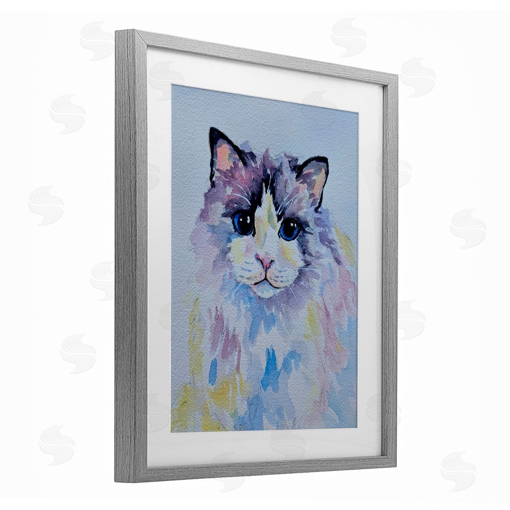 Tatiana Roberts Pastel Cat with Blue Eyes Gray Framed Print Under Glass with White Mat Wall Art